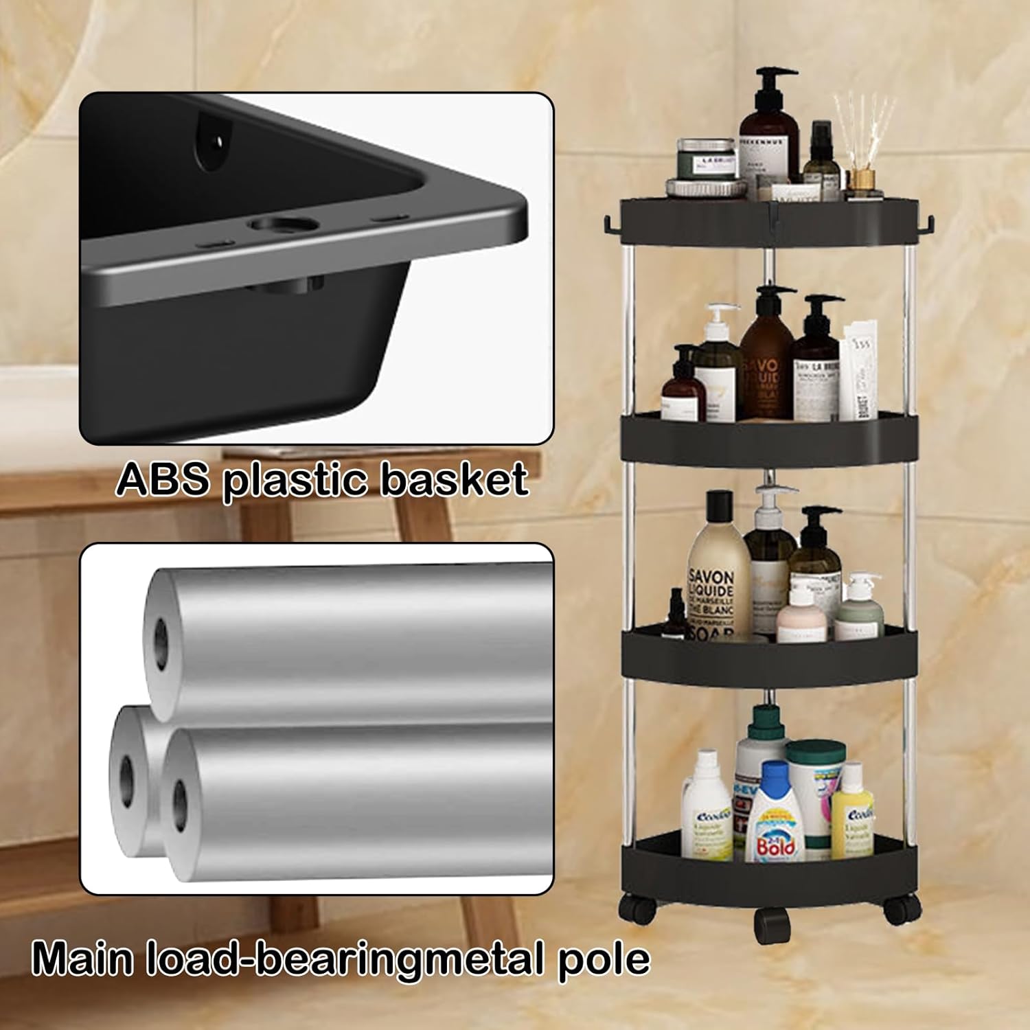 Yabound 4 Tier Shower Organizer Corner with Wheels
