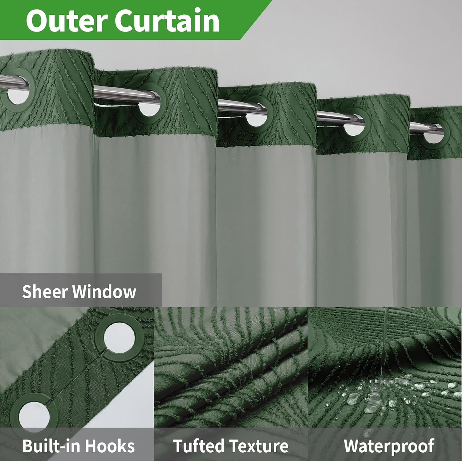 No Hook Dark Green Boho Shower Curtain Set with Snap Liner
