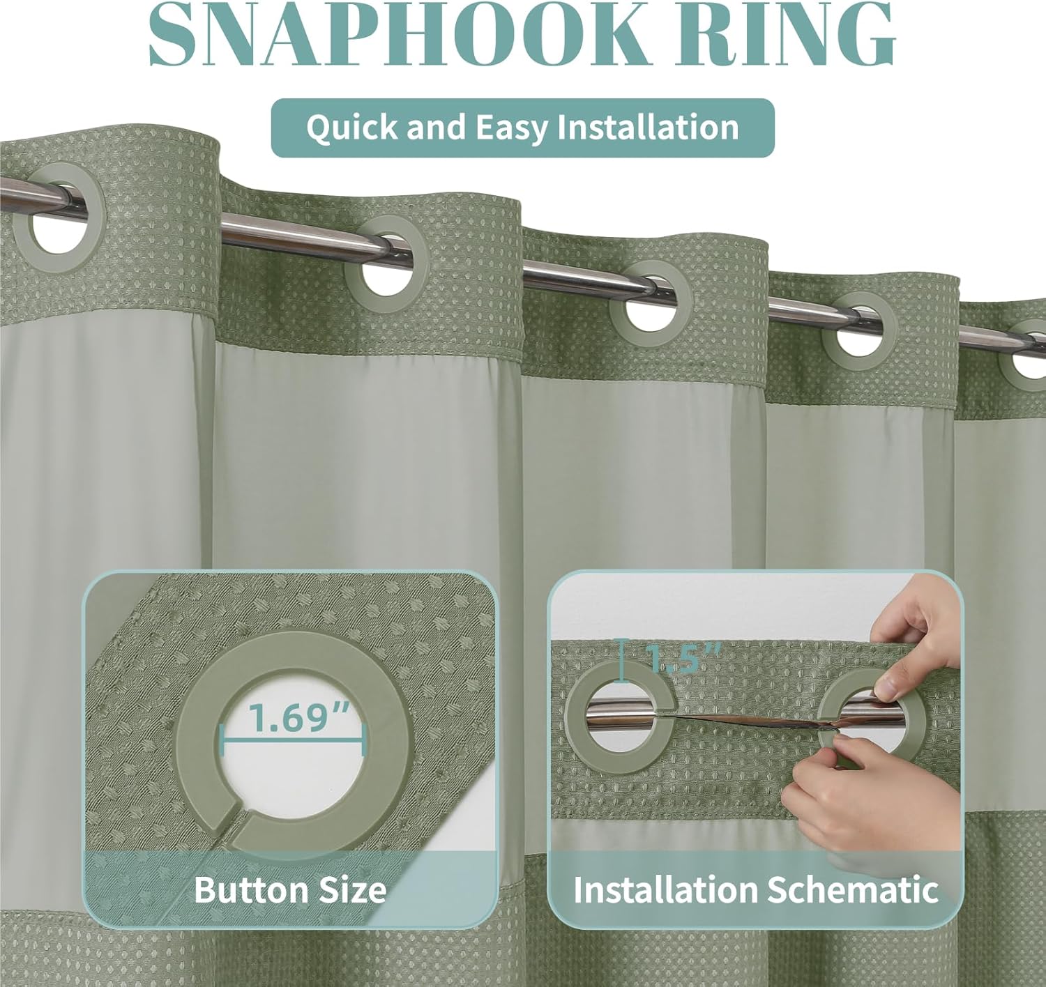 SageGreen Waffle Weave No Hook Shower Curtain Set with Snap-In Liner