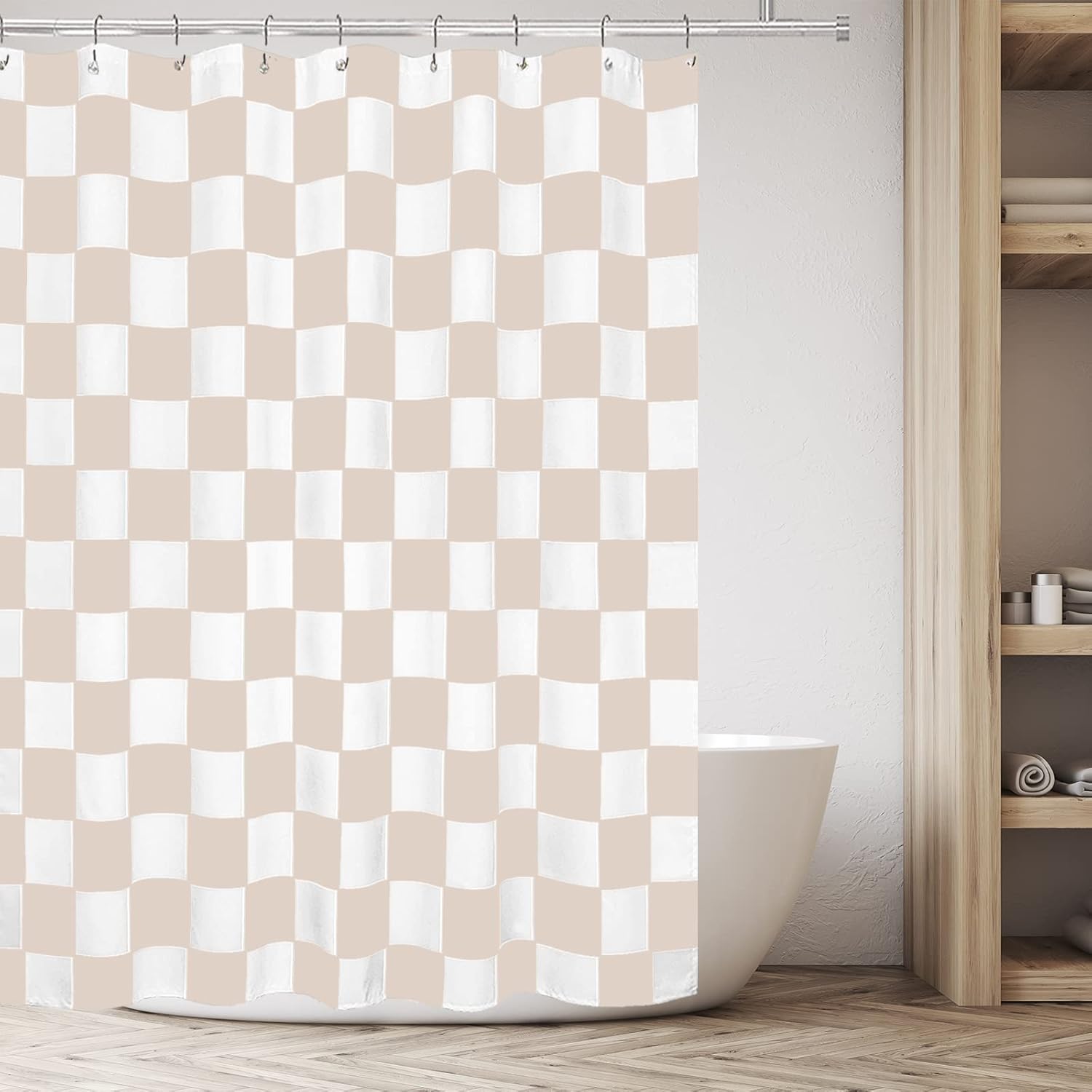 Tititex Aesthetic Checkerboard Faux Linen Shower Curtain 71x71 Inch with 12 Hooks
