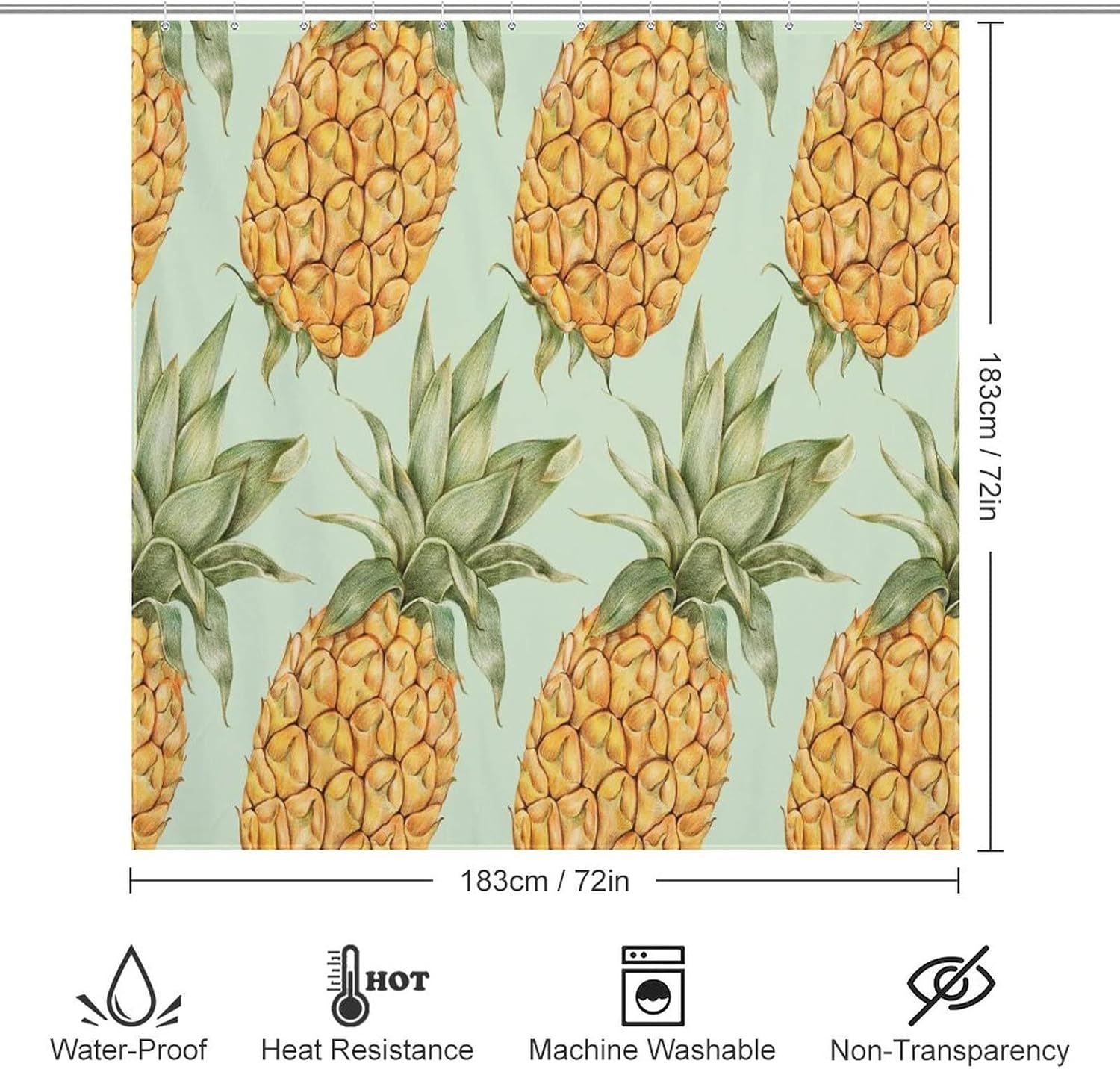 Pineapple Yellow Fun Shower Curtain with 12 Hooks