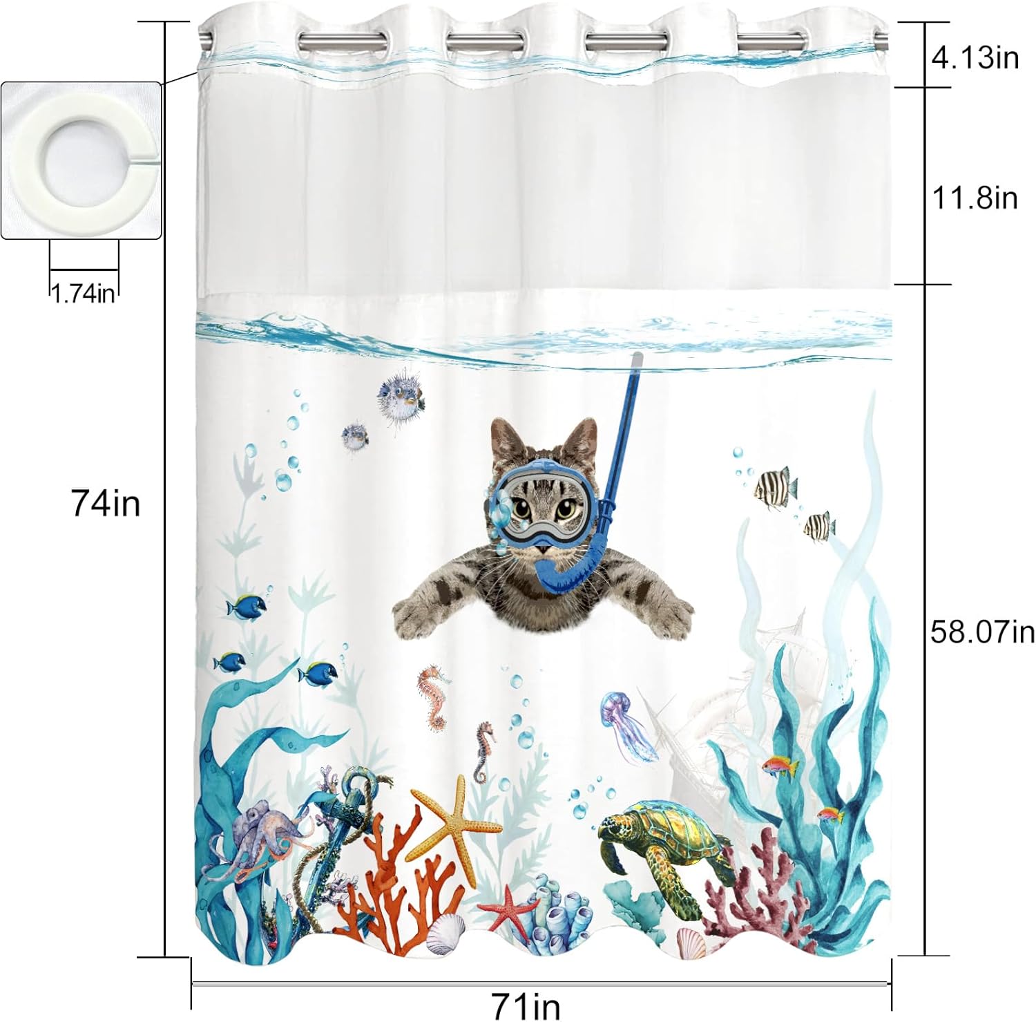 Fowocu Funny Cat Nautical Shower Curtain Set Teal Blue Ocean