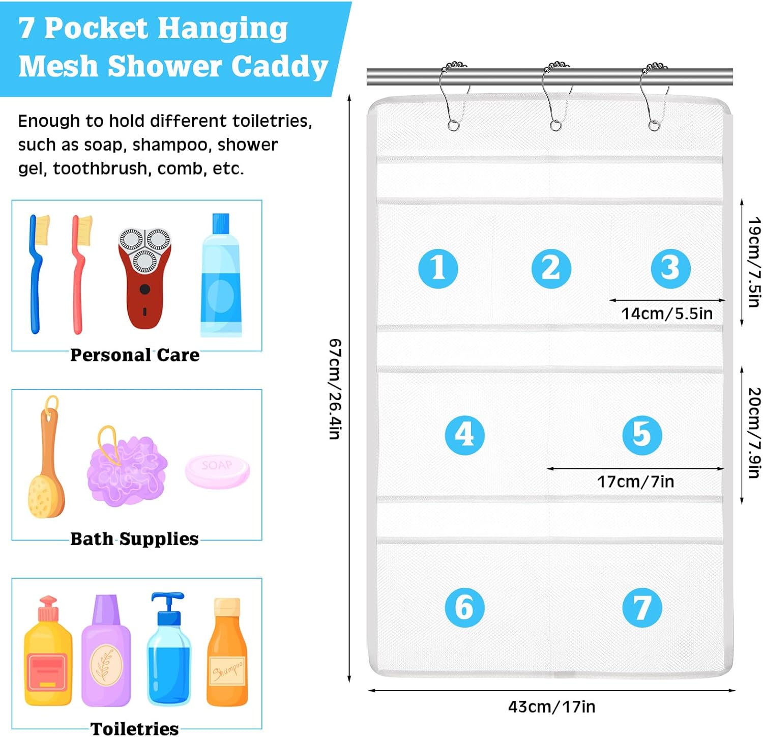 2 Pack 7 Pockets Mesh Shower Caddy with Metal Hangers - White