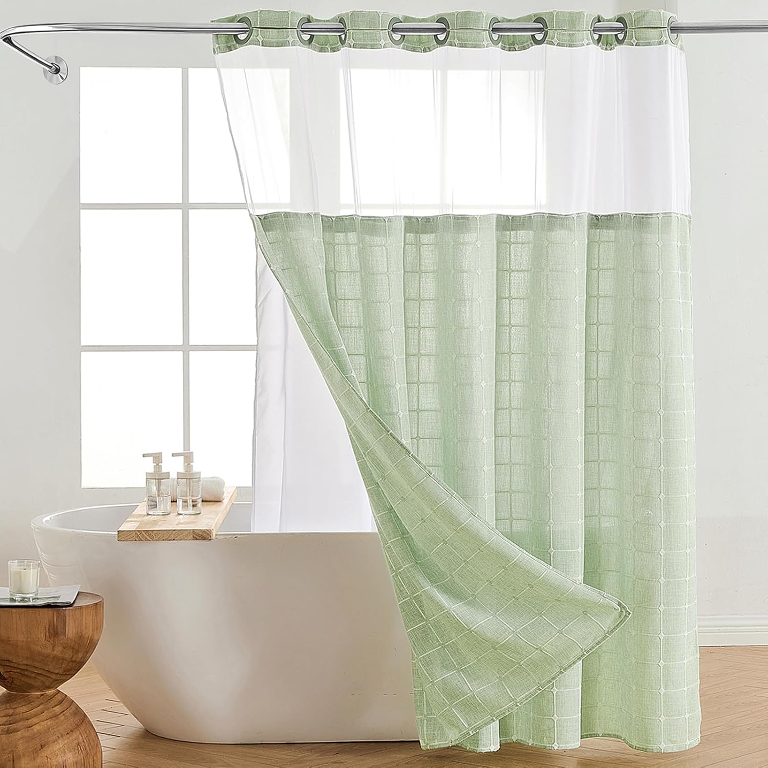 Nesphy Boho Farmhouse Shower Curtain Set Green Linen with Mesh Top