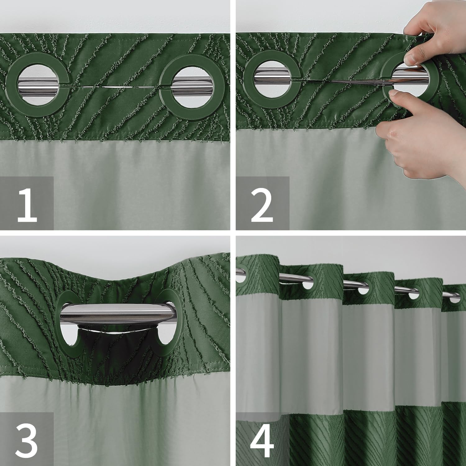 No Hook Dark Green Boho Shower Curtain Set with Snap Liner