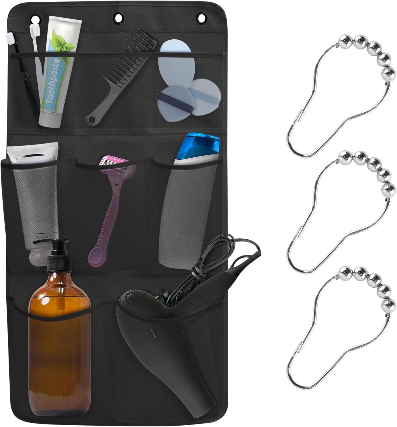 Hanging Shower Caddy with 8 Pockets and 3 Hooks Black