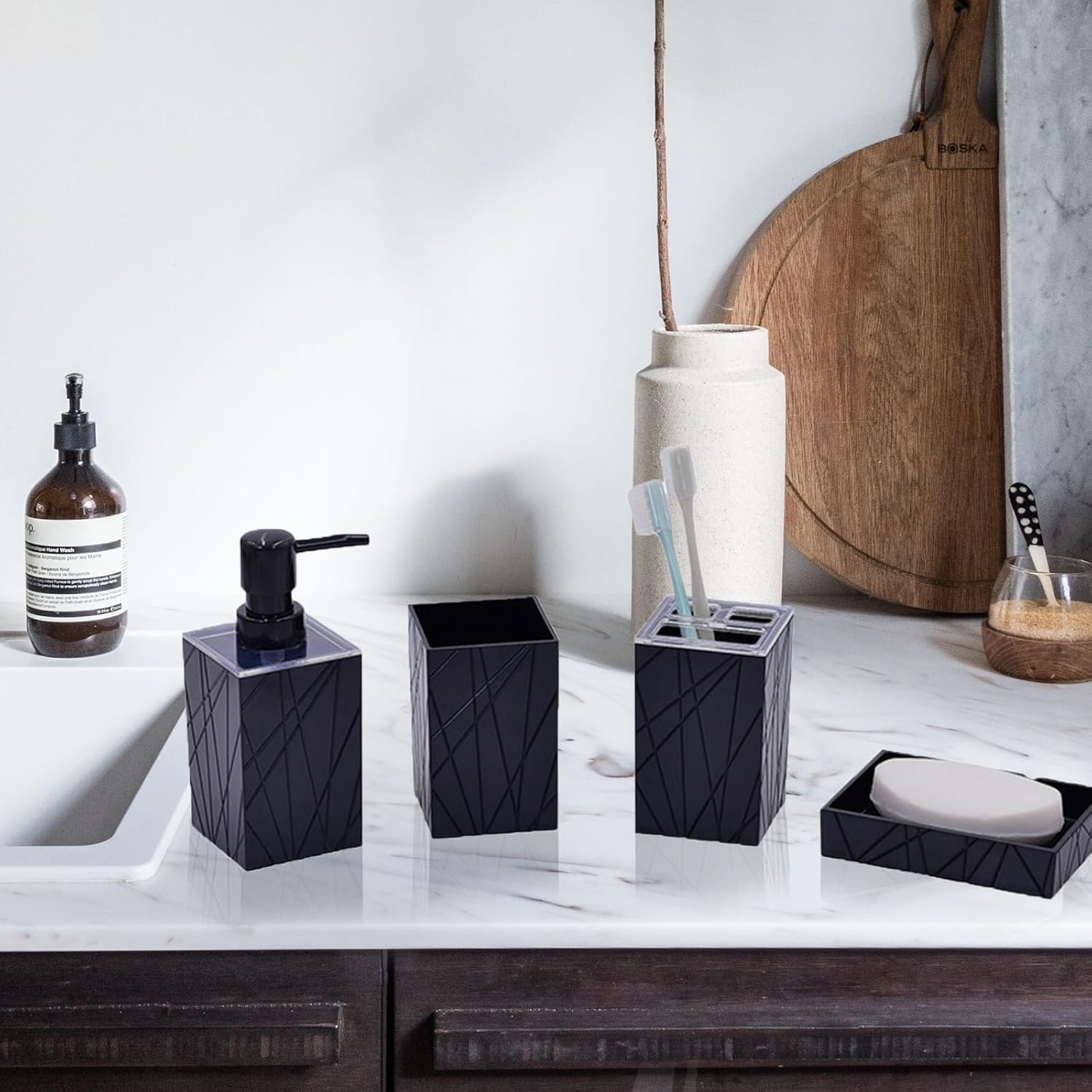 4 Piece Bathroom Accessory Set with Soap Dispenser Toothbrush Holder Tumbler and Soap Tray Black 1