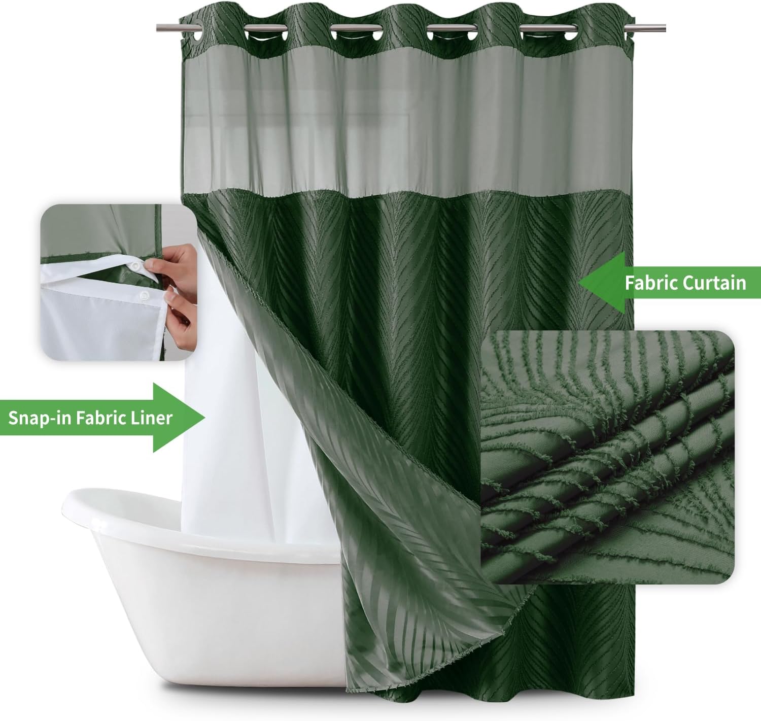 No Hook Dark Green Boho Shower Curtain Set with Snap Liner