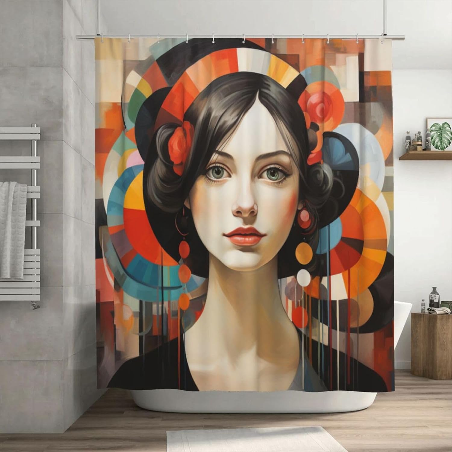 DAOWANGZUO Black Hair Girl Boho Shower Curtain Set 72x72in