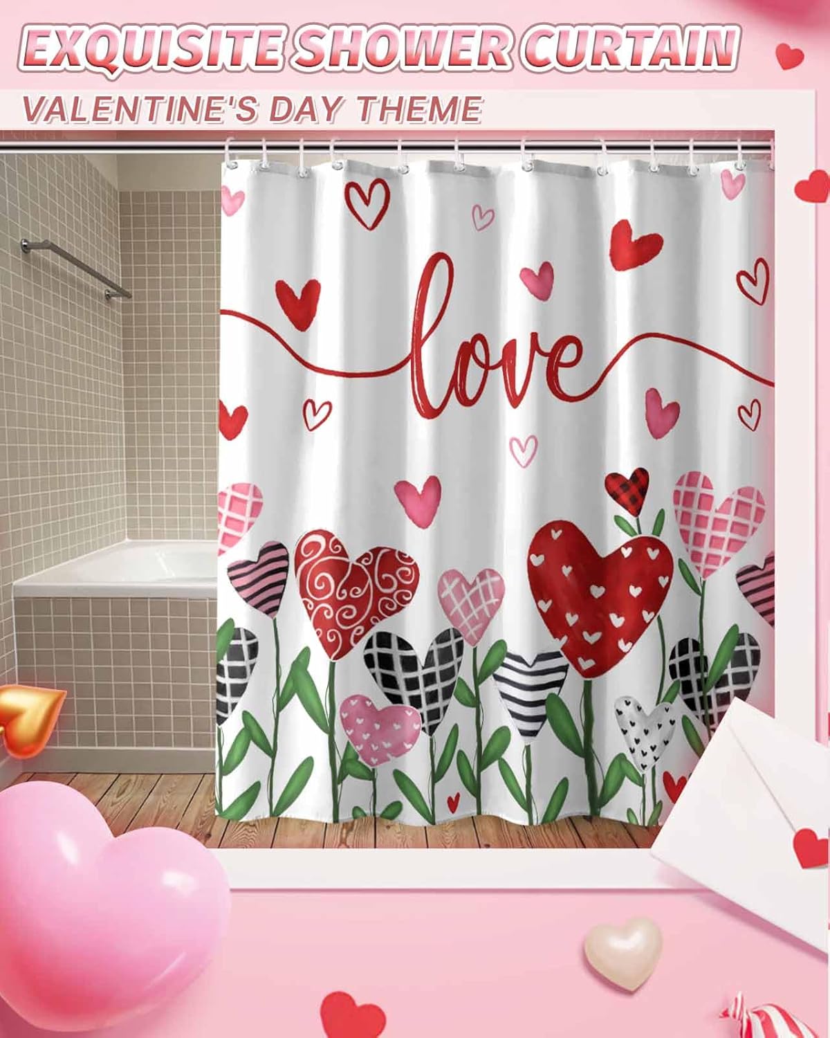 Vandarllin Pink Red Heart Shower Curtain Set 72x72