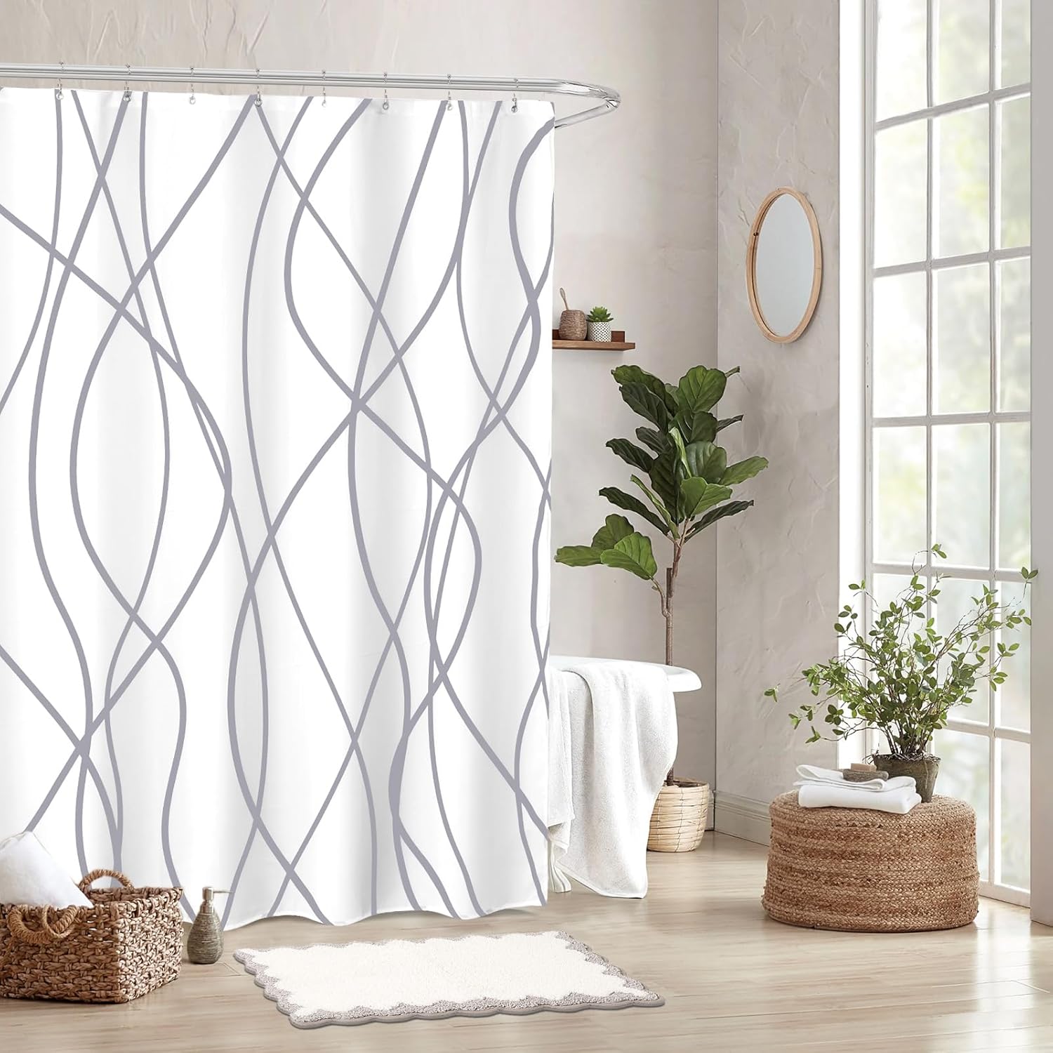 ORTIGIA 3-in-1 Shower Curtain Set Grey Wave Stripe