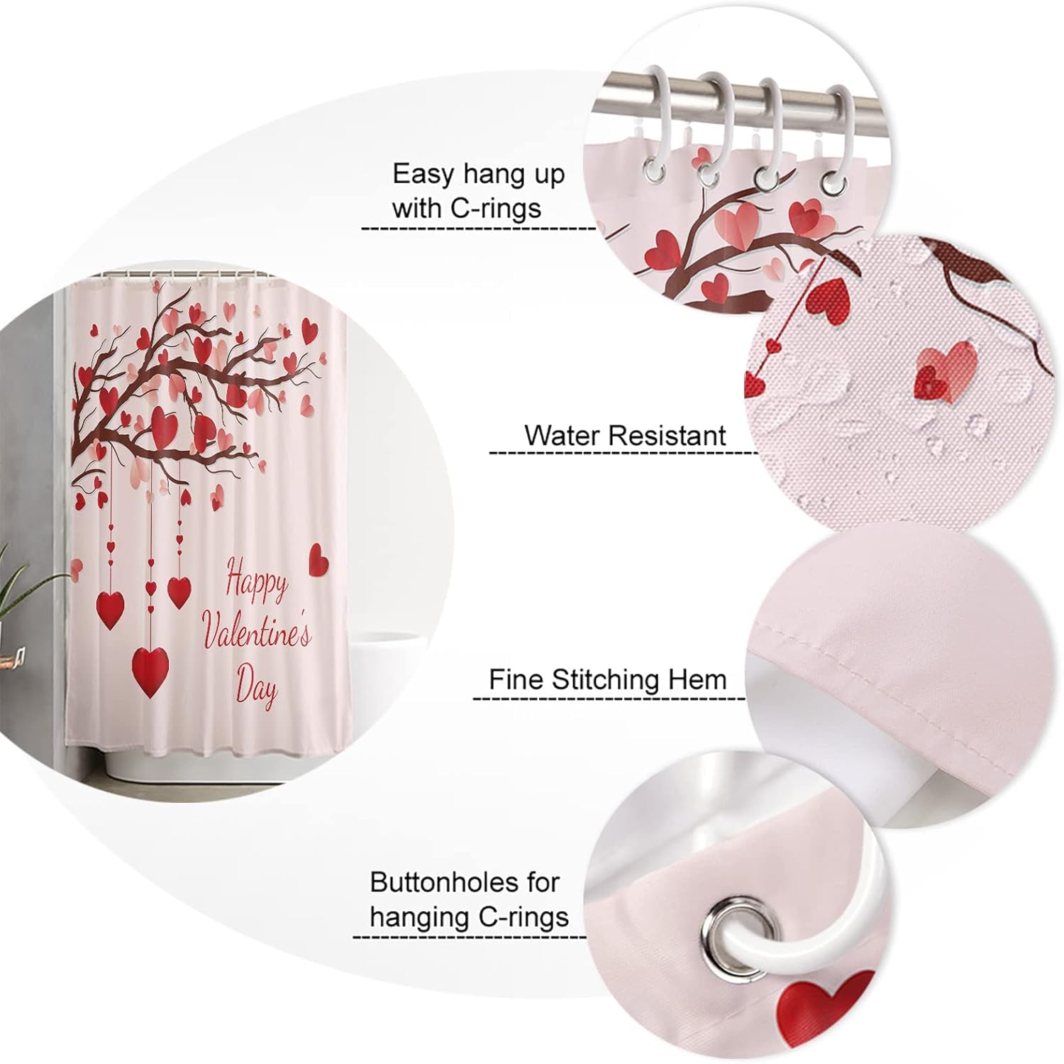 BestLives Valentines Day Waterproof Shower Curtain with Hooks 36x72inch