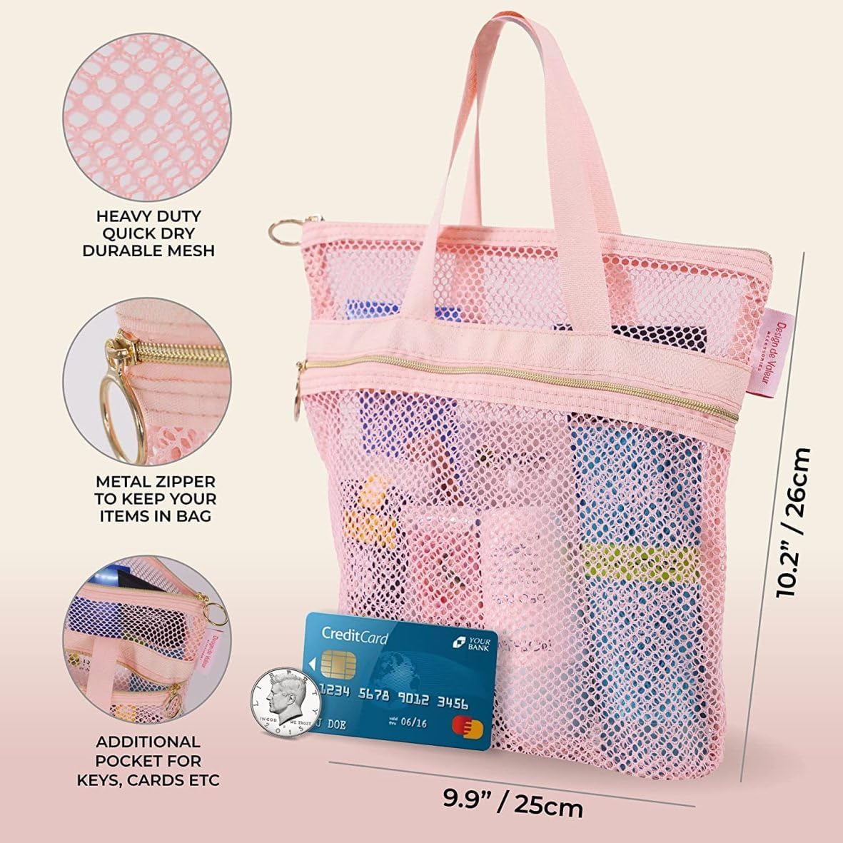 BEAHING Mesh Shower Caddy with Zipper 2 Pockets Pink