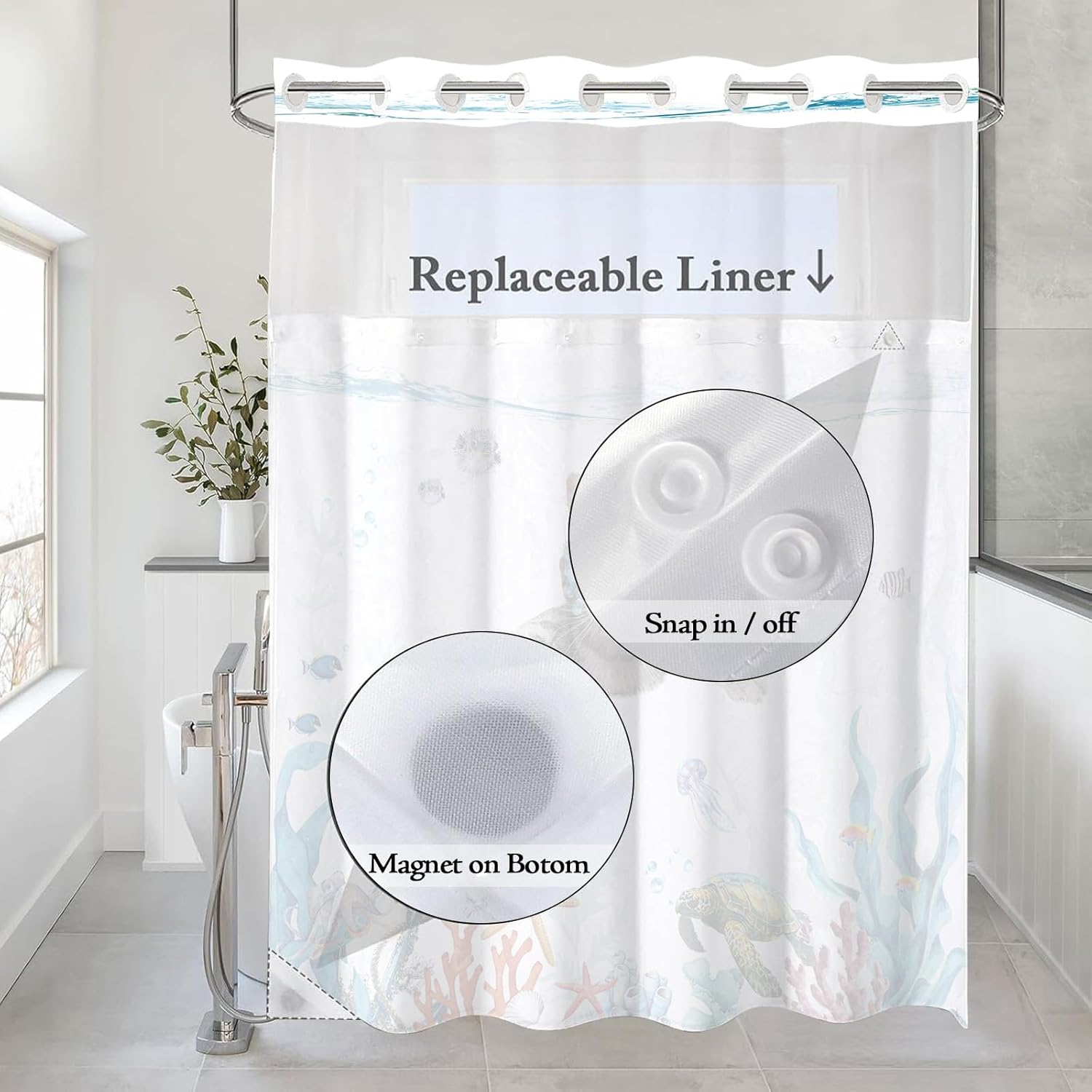 Fowocu Funny Cat Nautical Shower Curtain Set Teal Blue Ocean