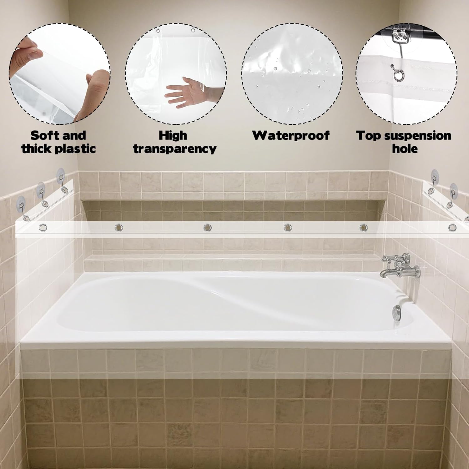 Clear Bathtub Splash Guard with 6 Hooks