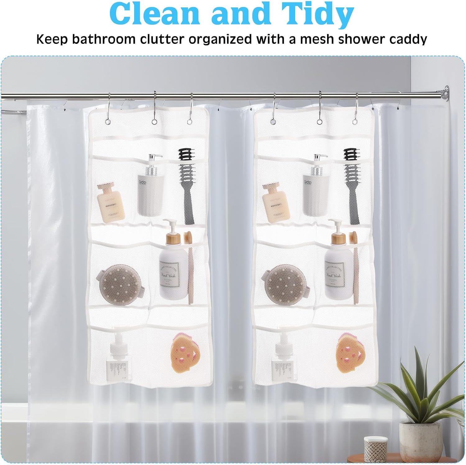 2 Pack 7 Pockets Mesh Shower Caddy with Metal Hangers - White