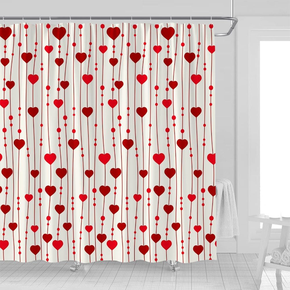Red Heart Valentines Day Shower Curtain with Hooks