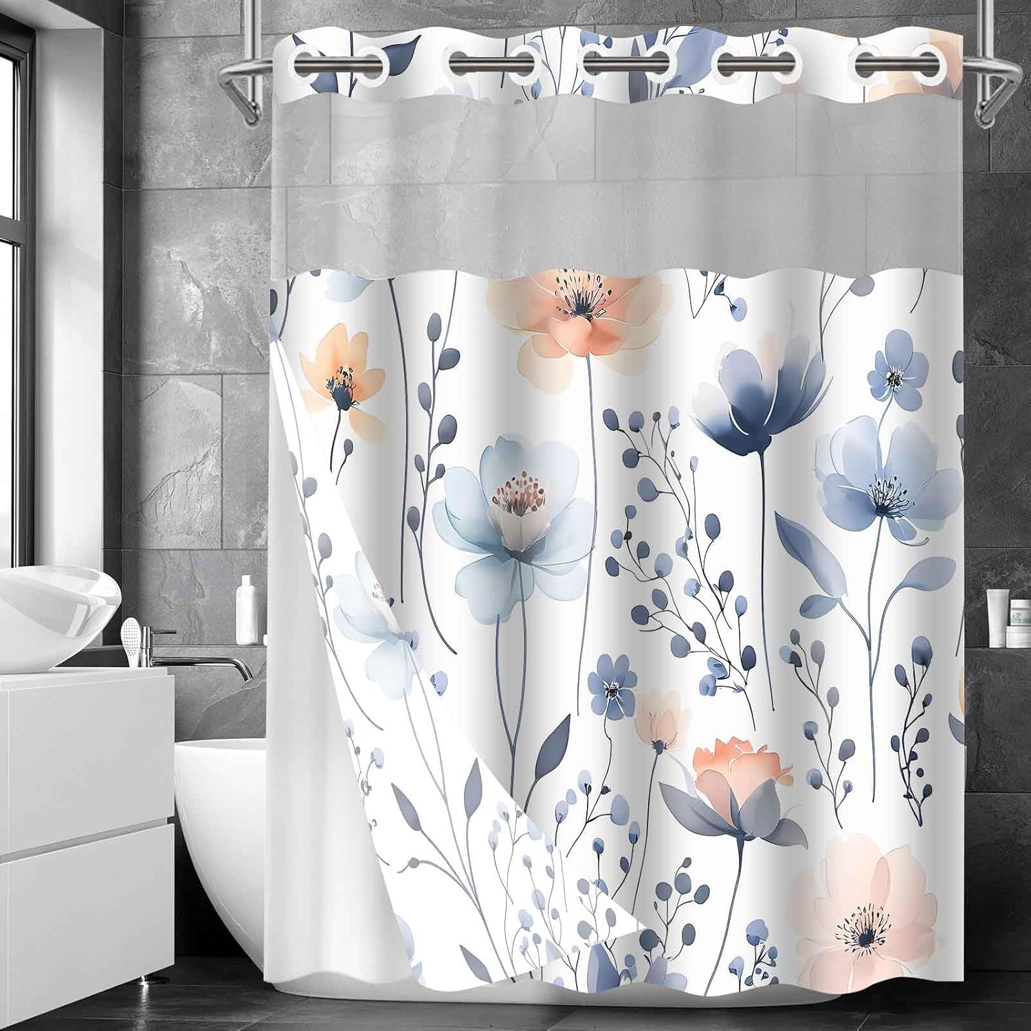 Gdmoon No Hook Floral Shower Curtain Set 71x74 with Snap Liner