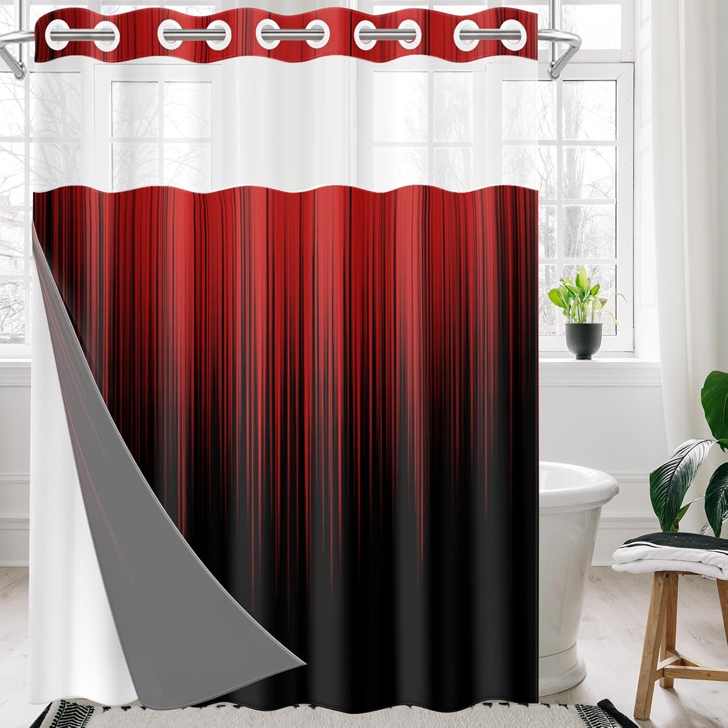 Nesphy No Hook Black Red Ombre Shower Curtain Set