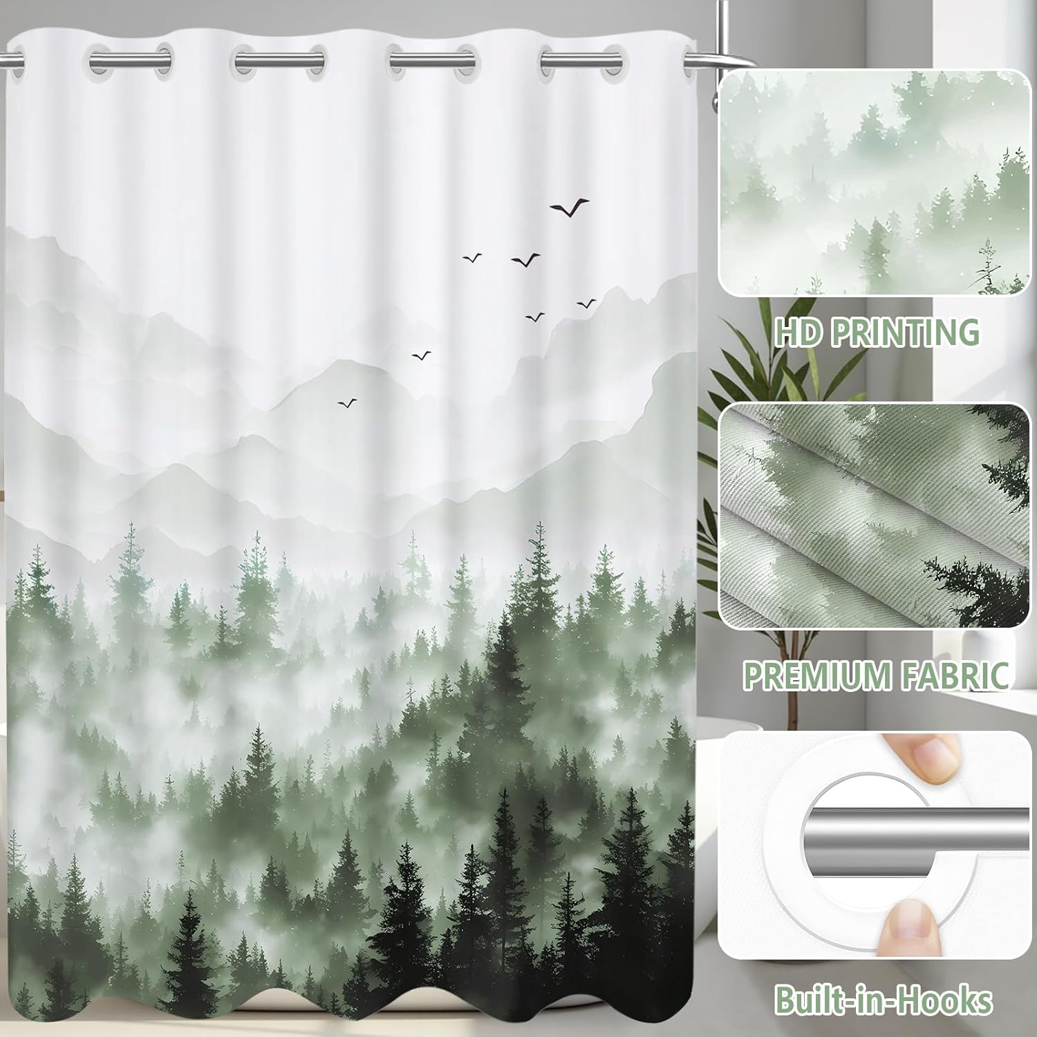 AXURXUI No Hook Forest Shower Curtain Set 71x74 Inch