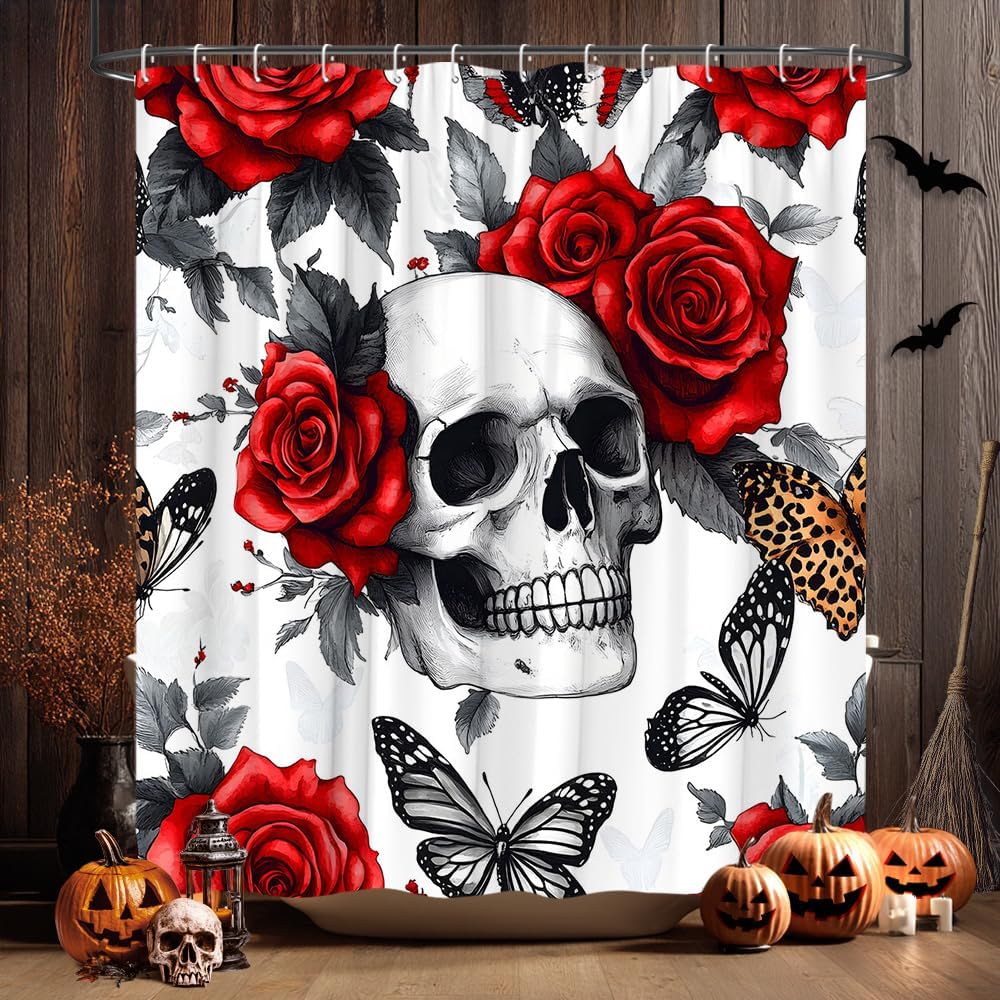 Gothic Skull Floral Shower Curtain 70x70 Inch