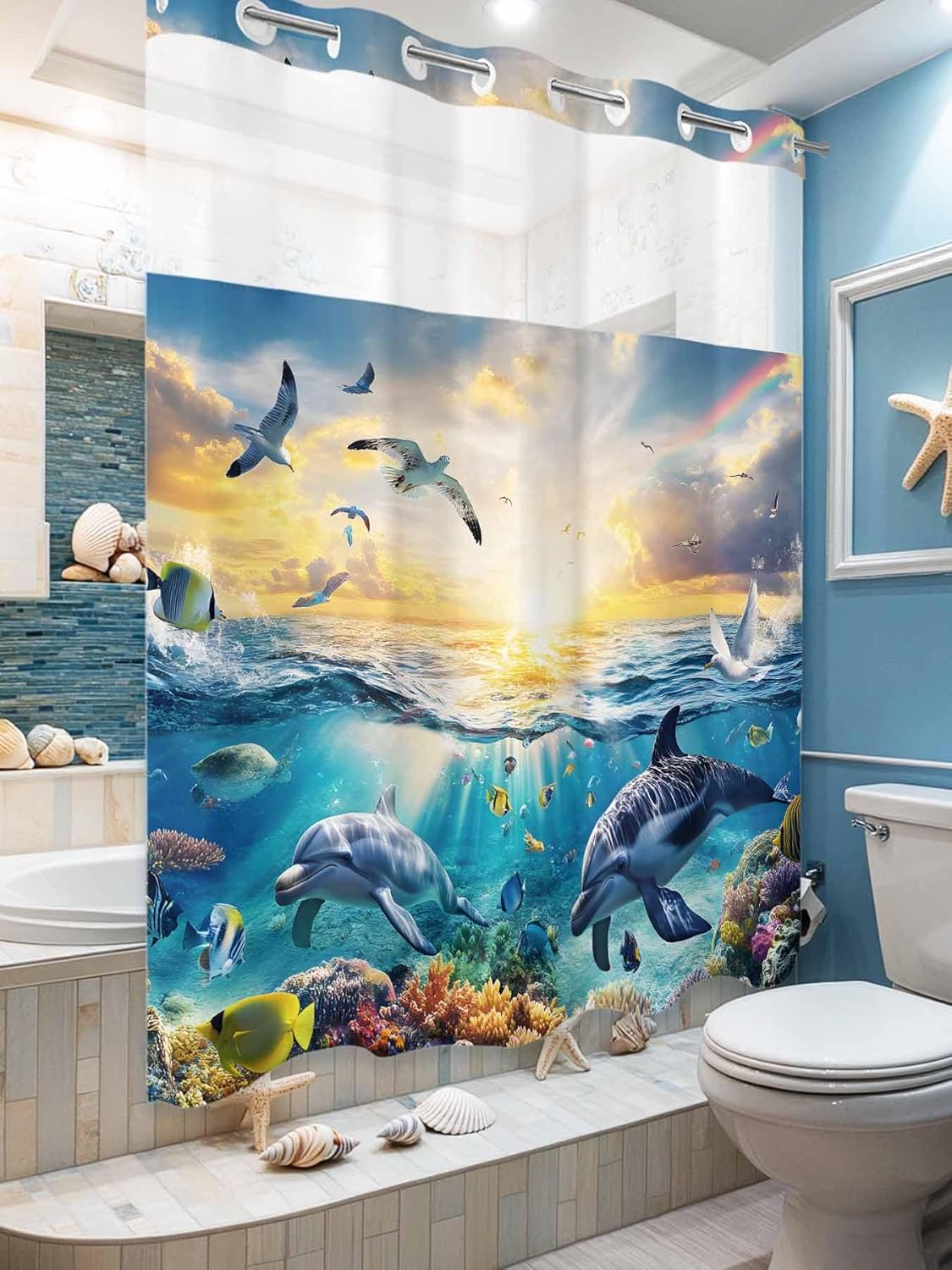No Hooks Shower Curtain Set 72x72 with Dolphins Liner 1