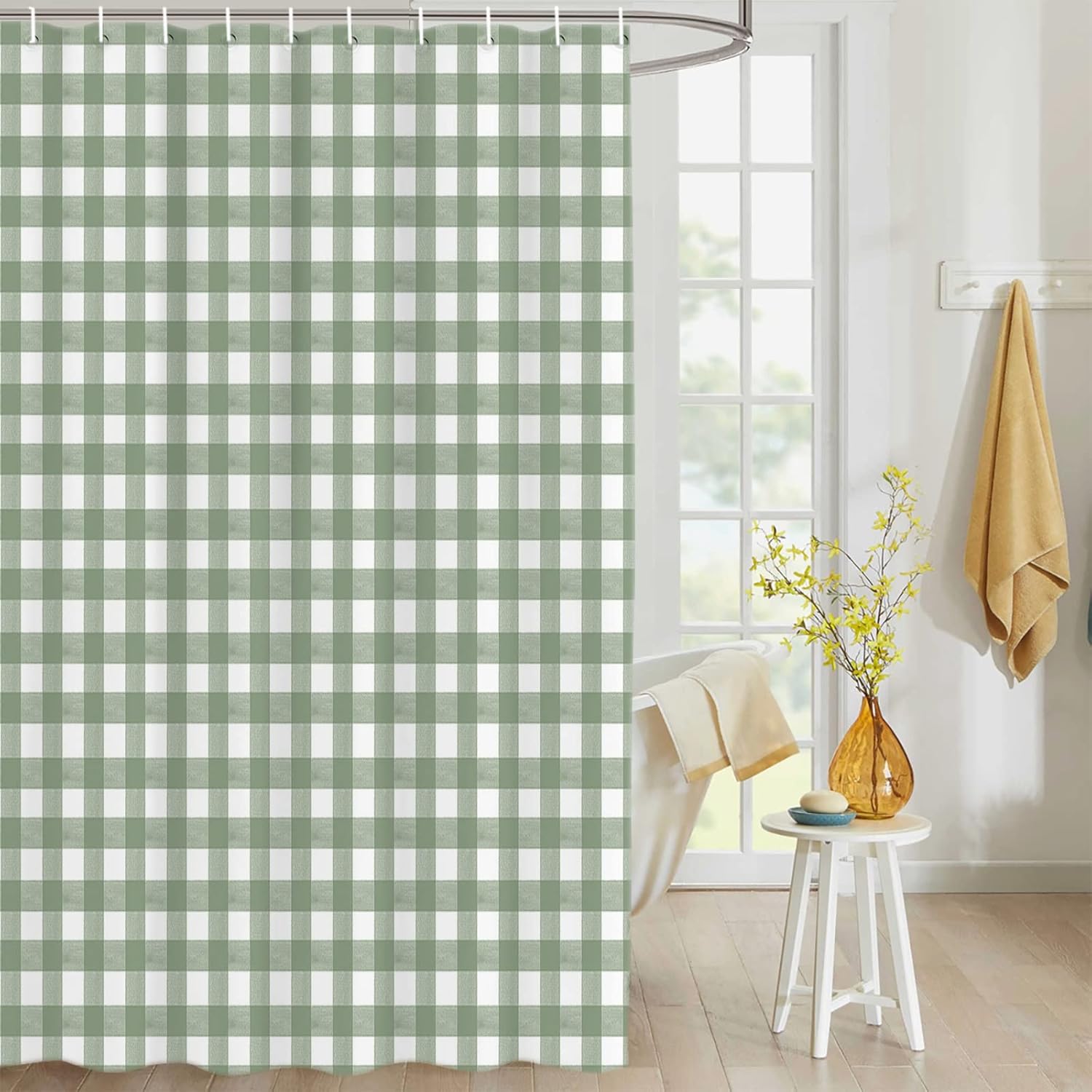 QueenKer Sage Green Buffalo Plaid Shower Curtain Set with 12 Hooks