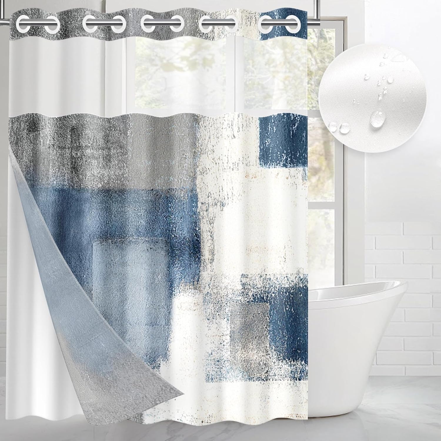 Nesphy No Hook Blue Grey Shower Curtain with Snap-in Liner 1