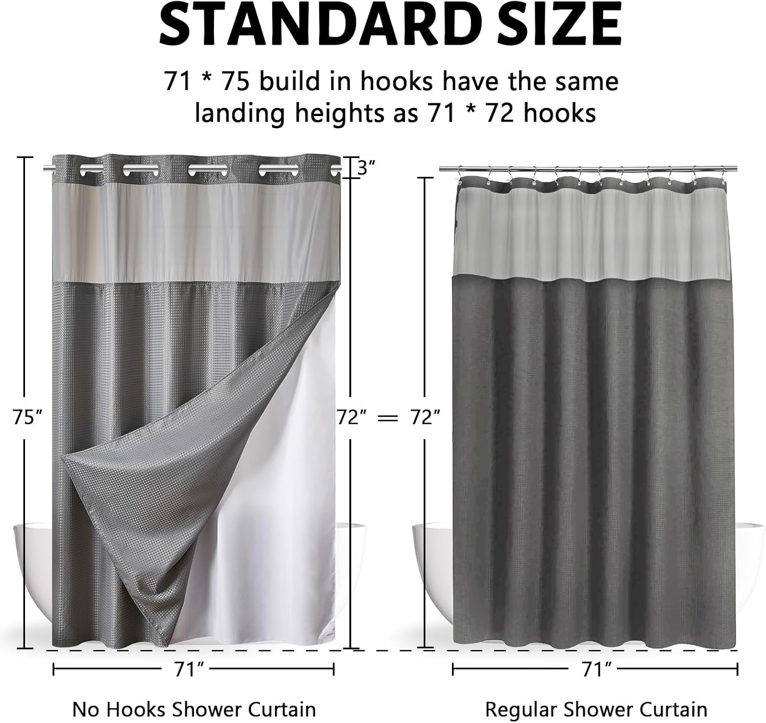 Furlinic No Hook Shower Curtain Set Waffle Weave See Through Window 71x75 Inch