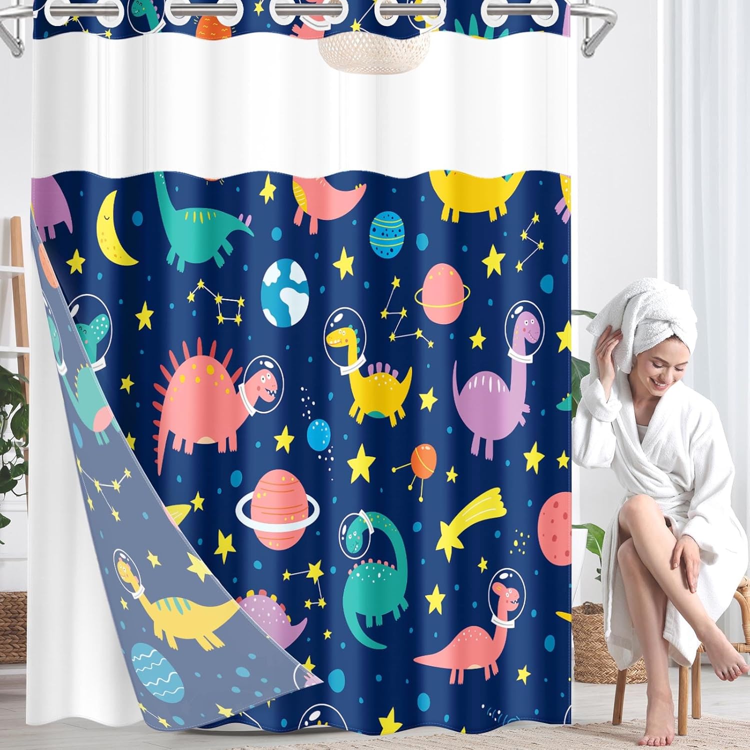 Nesphy Funny Space Dinosaurs Shower Curtain Set
