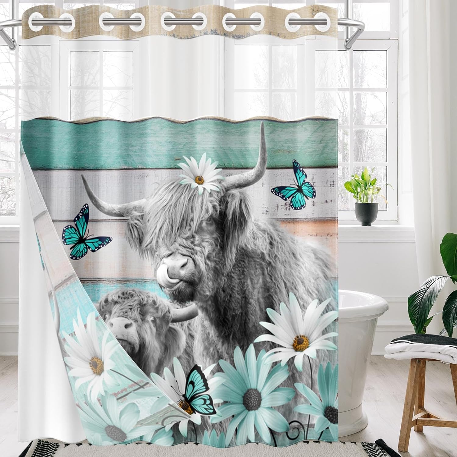 Nesphy No Hook Highland Cow Shower Curtain Set 1
