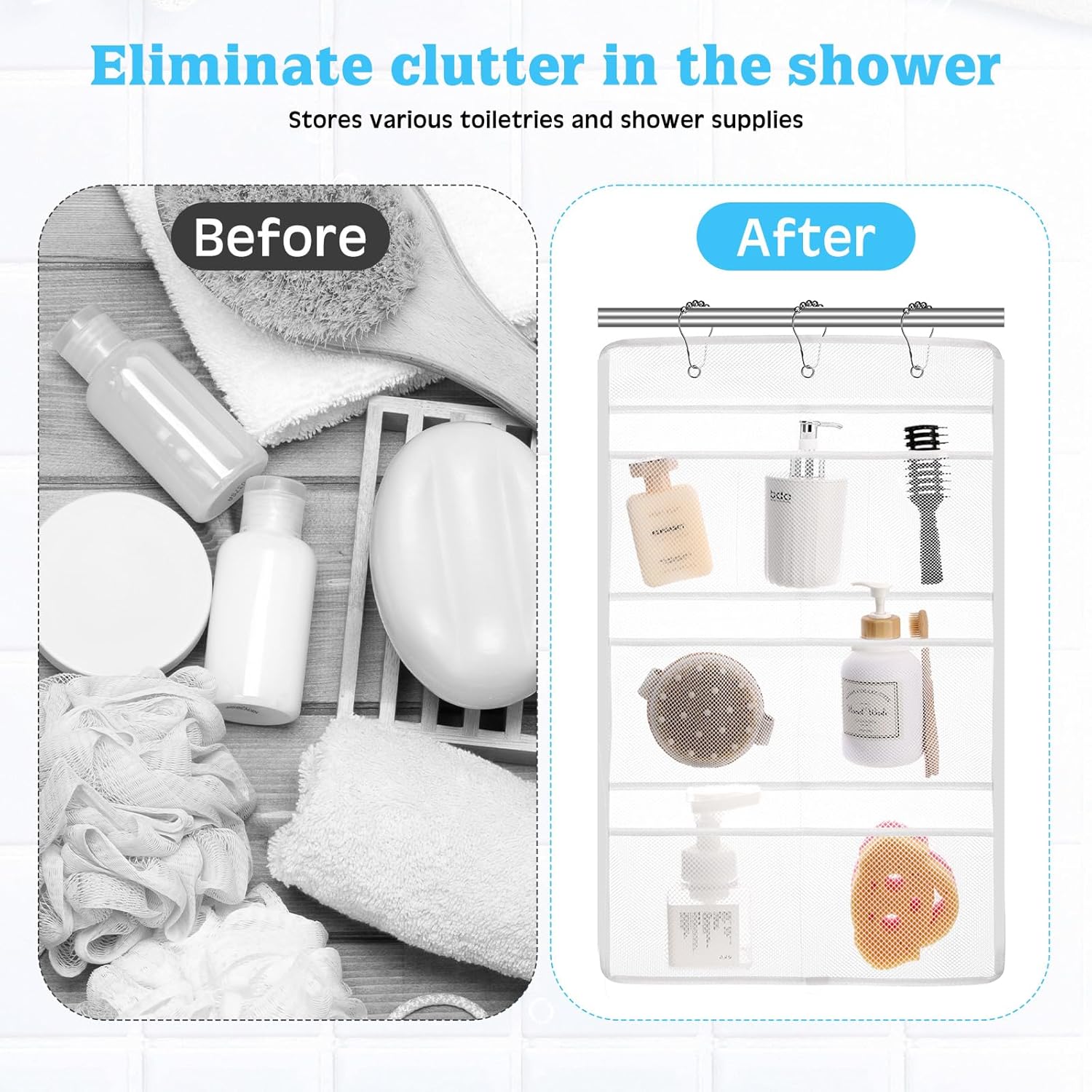 2 Pack 7 Pockets Mesh Shower Caddy with Metal Hangers - White
