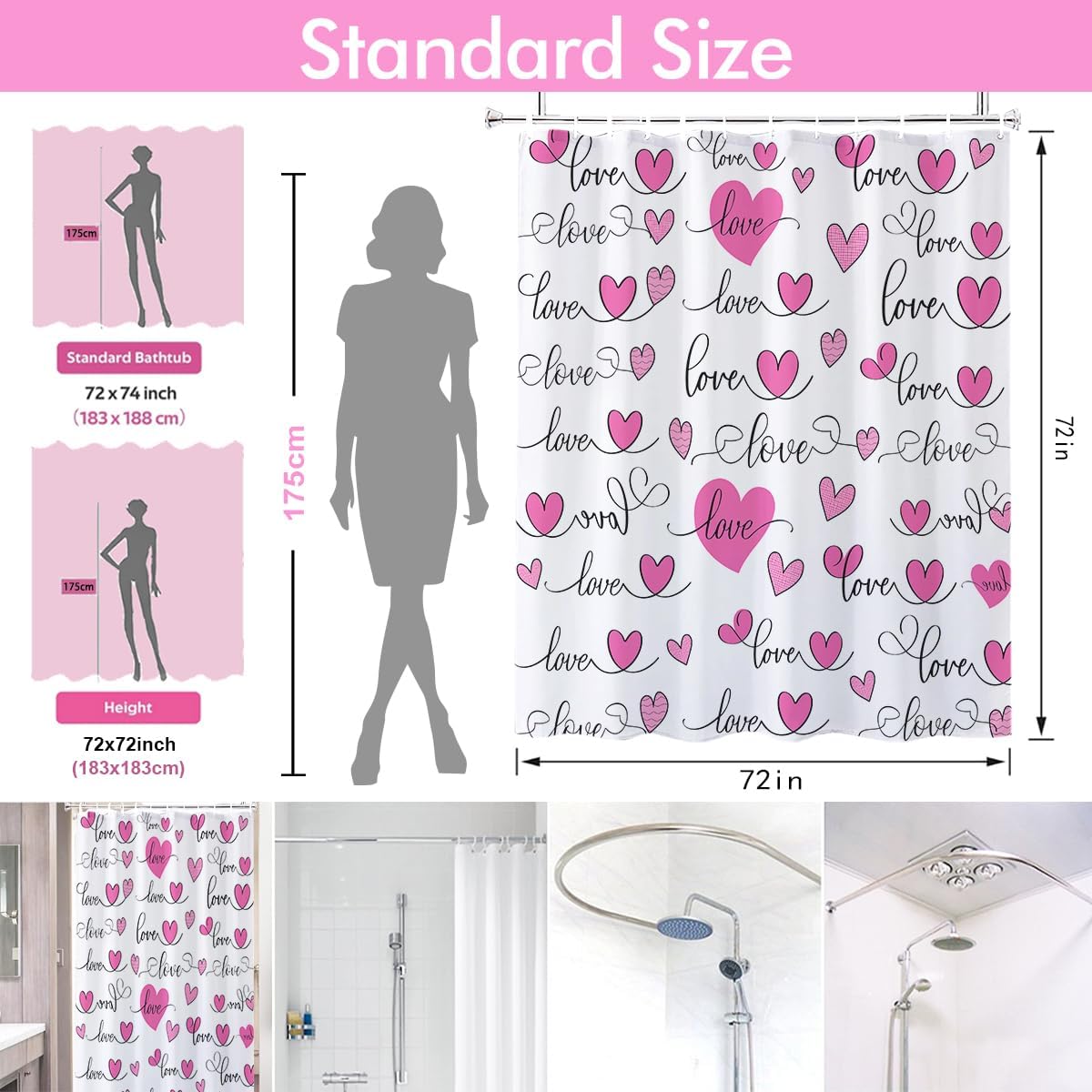 Modern Pink Heart Shower Curtain Set with 12 Hooks