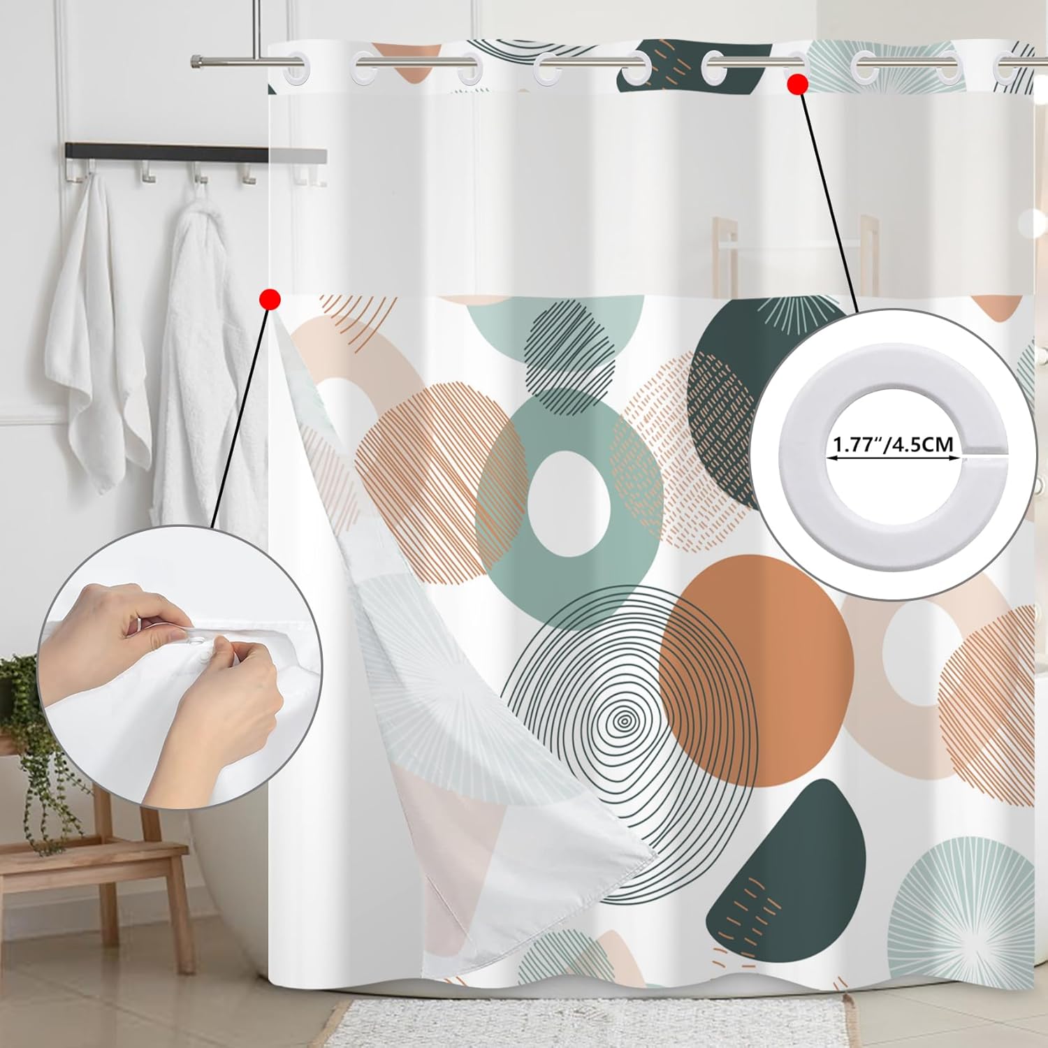 Baocicco Abstract Circle Shower Curtain Set with Built-in Liner