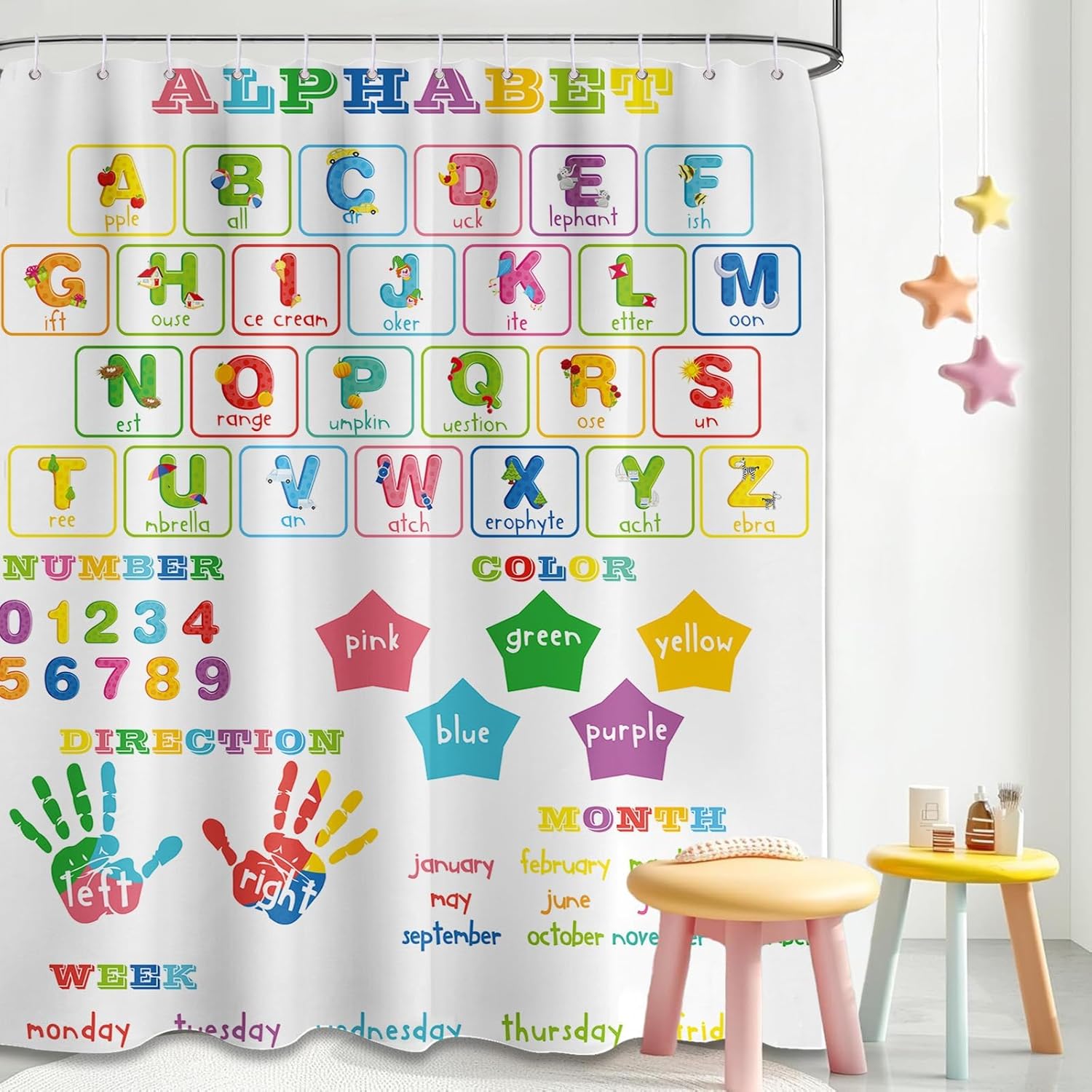 ABC Learning Shower Curtain for Kids 70x72 inch Waterproof with Hooks