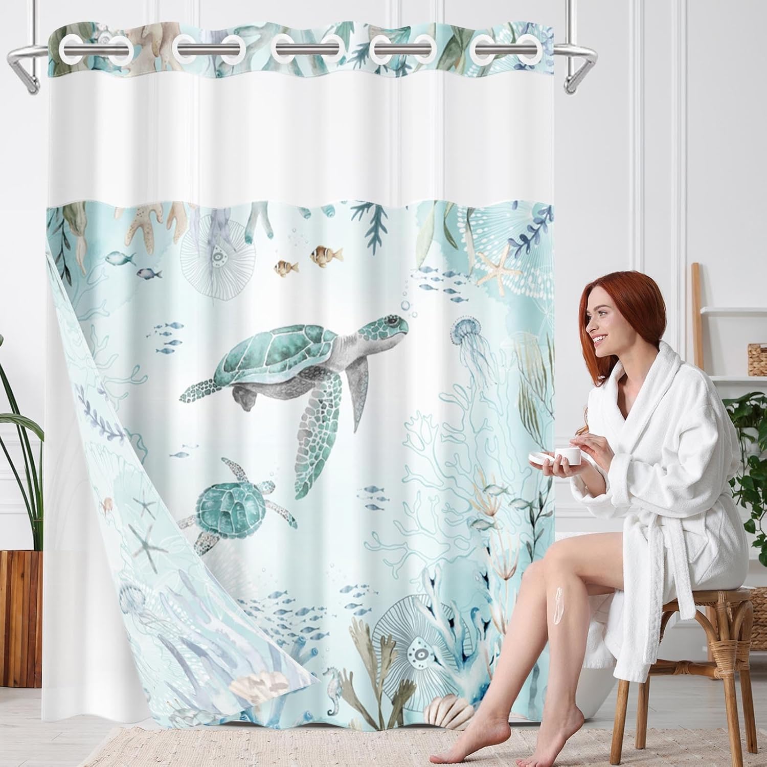 Nesphy Nautical Blue Sea Turtles Shower Curtain Set with Snap Lining