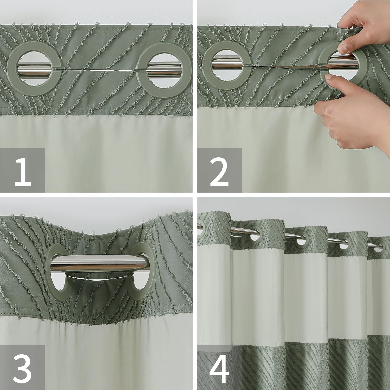 SageGreen Boho Shower Curtain Set No Hook