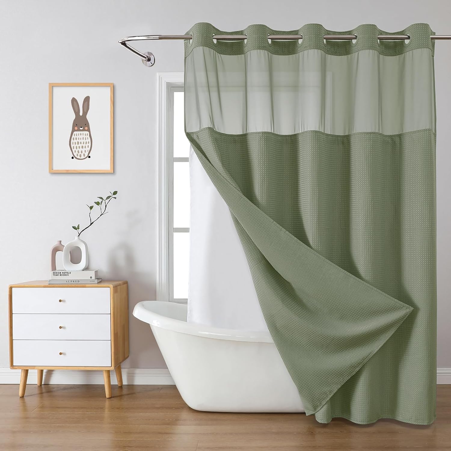 SageGreen Waffle Weave No Hook Shower Curtain Set with Snap-In Liner