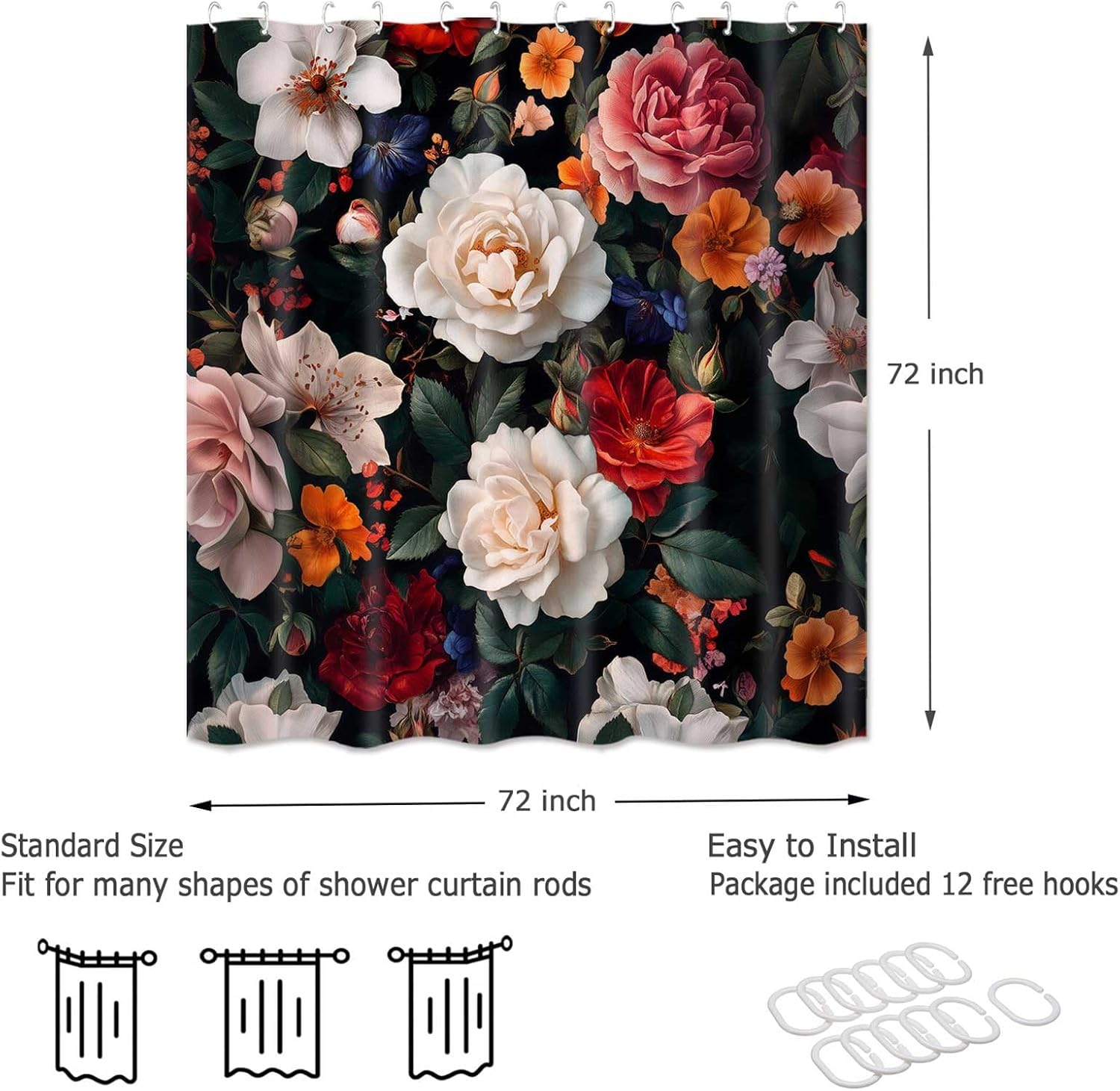 Floral Shower Curtain Set with Hooks 72x72