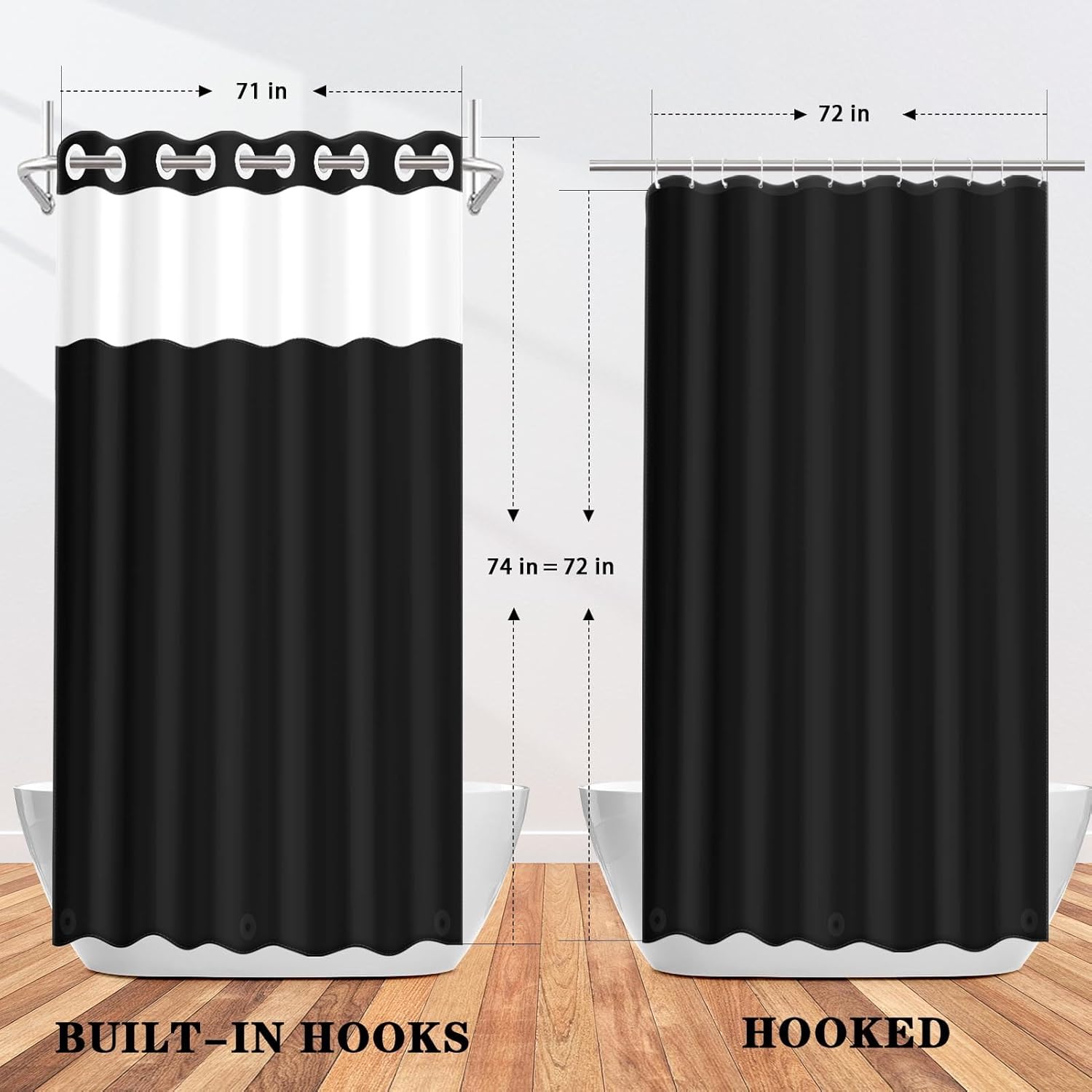 Nesphy No Hook Black Shower Curtain with Snap-in PEVA Liner Set