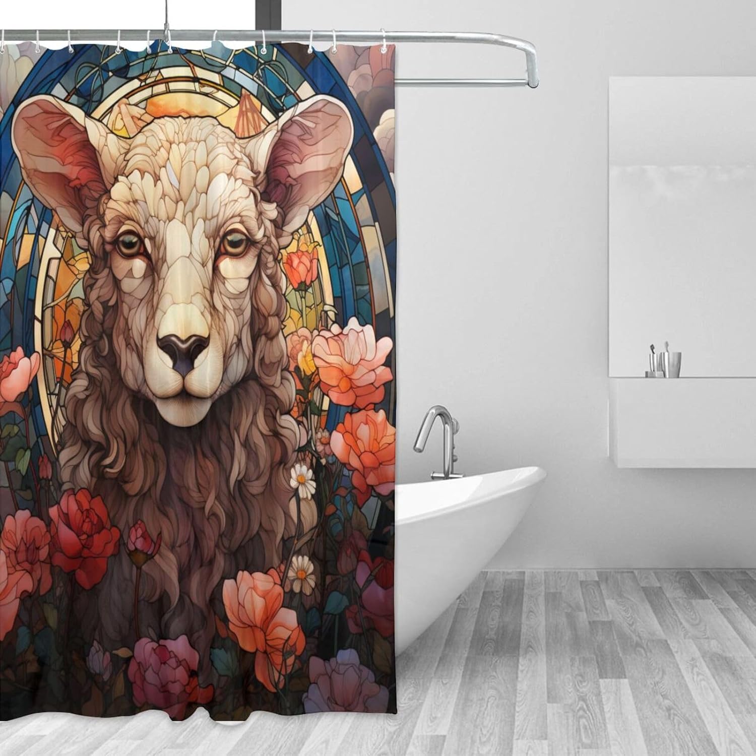 DAOWANGZUO Sheep Shower Curtain Set with 12 Hooks 72x72in