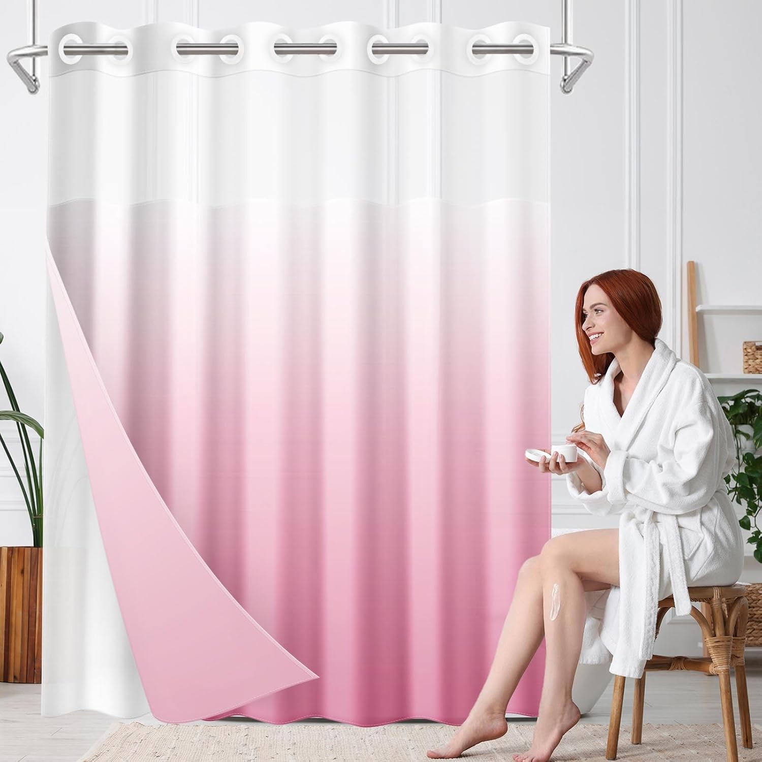Nesphy No Hook Ombre Pink Shower Curtain Set 1
