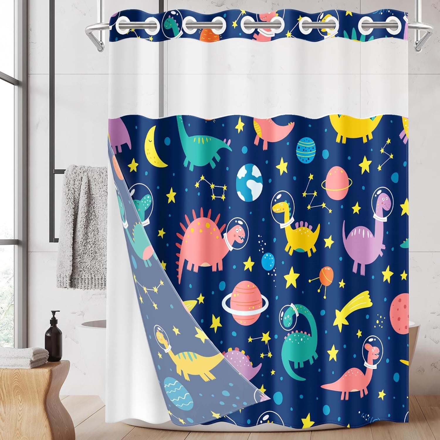 Nesphy Funny Space Dinosaurs Shower Curtain Set