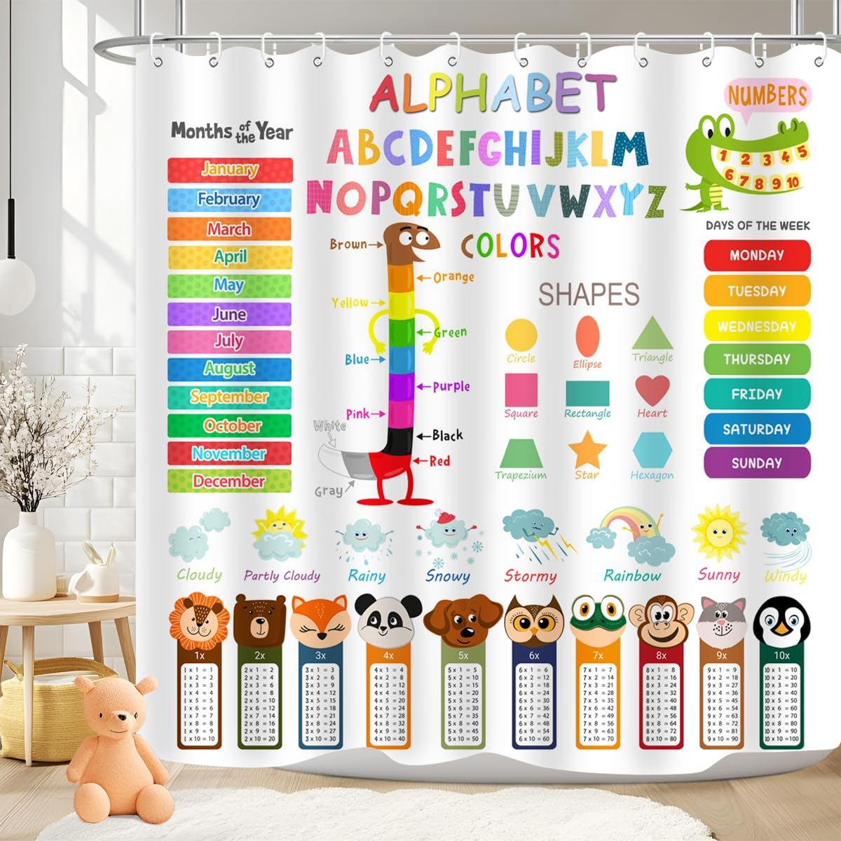 ABC Educational Shower Curtain with Hooks for Kids
