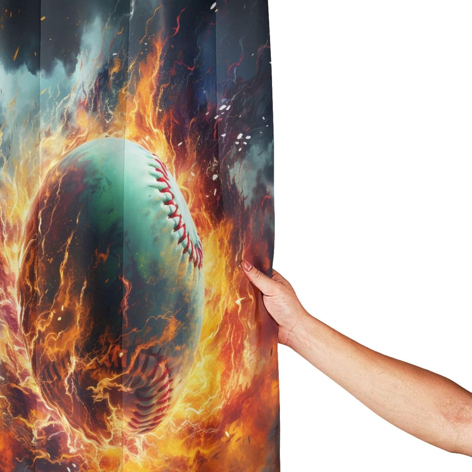 Red Flame Baseball Shower Curtain Set with 12 Hooks