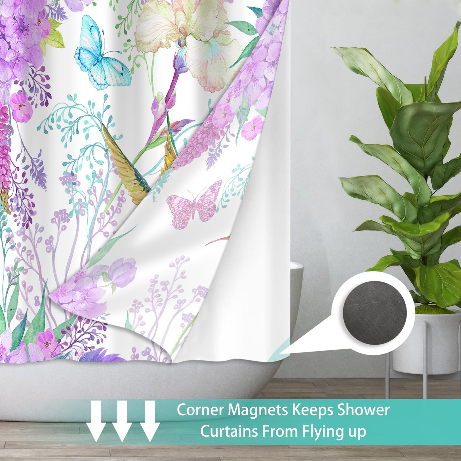 Mightree Purple Floral No Hook Shower Curtain Set