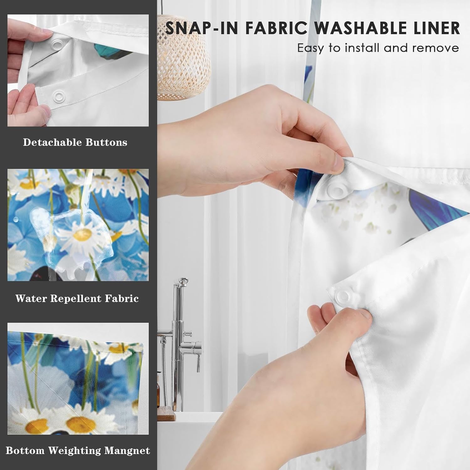 Nesphy No Hook Flower Chrysanthemum Shower Curtain Set