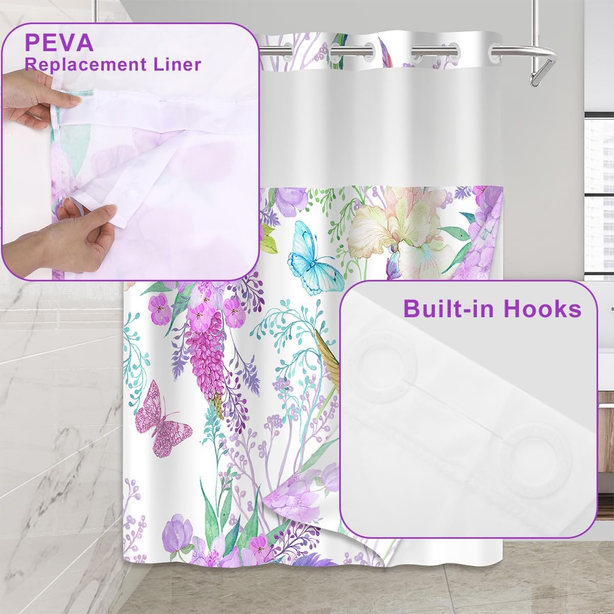 Mightree Purple Floral No Hook Shower Curtain Set
