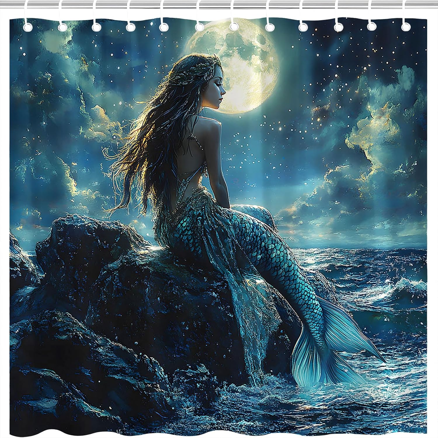 Fantasy Mermaid Shower Curtain with Hooks 70x70 Inch