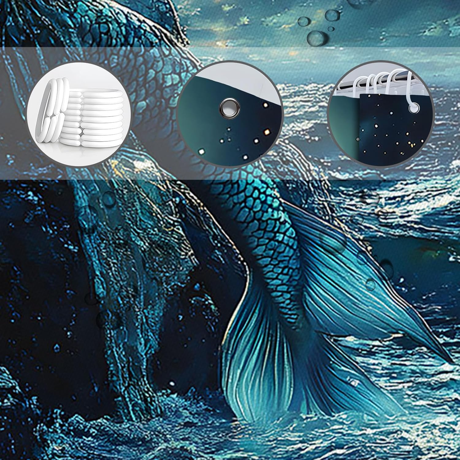 Fantasy Mermaid Shower Curtain with Hooks 70x70 Inch